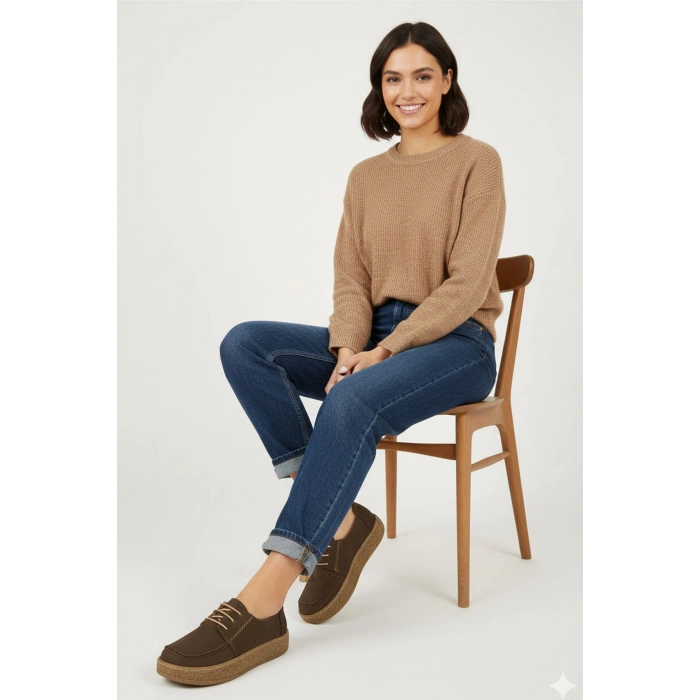 Dora Hakiki Deri Nubuk Comfort Taban Bağcıklı Günlük Kadın Ayakkabı Elde Yapım