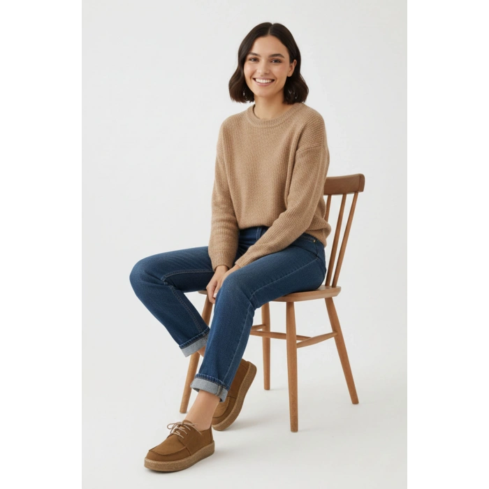 Dora Hakiki Deri Nubuk Comfort Taban Bağcıklı Günlük Kadın Ayakkabı Elde Yapım