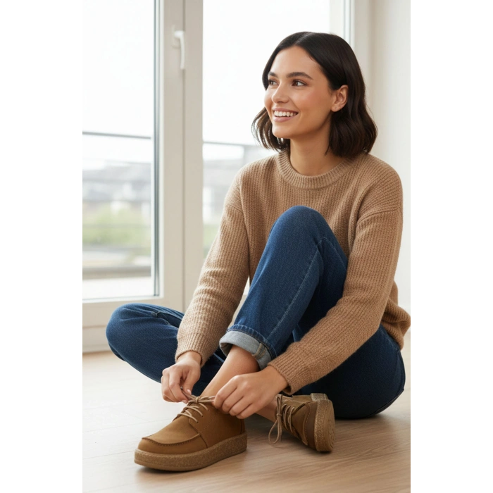 Dora Hakiki Deri Nubuk Comfort Taban Bağcıklı Günlük Kadın Ayakkabı Elde Yapım