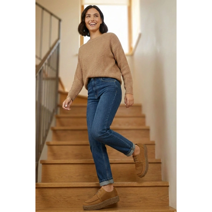 Dora Hakiki Deri Nubuk Comfort Taban Bağcıklı Günlük Kadın Ayakkabı Elde Yapım