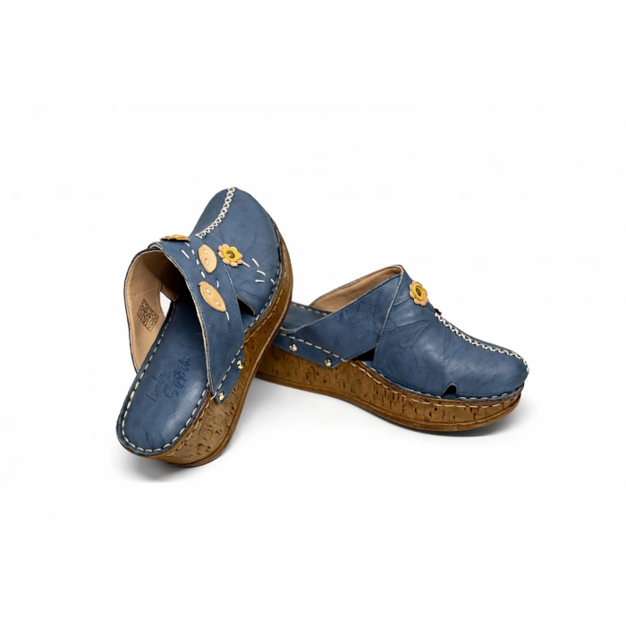 Kadın Hakiki Deri Çiçek Detaylı Bohem Tarz Rahat Mantar Taban Wedge Terlik