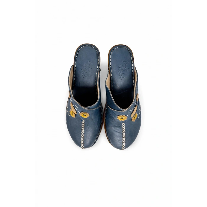 Kadın Hakiki Deri Çiçek Detaylı Bohem Tarz Rahat Mantar Taban Wedge Terlik