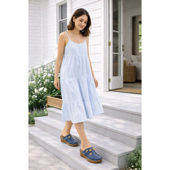 Kadın Hakiki Deri Çiçek Detaylı Bohem Tarz Rahat Mantar Taban Wedge Terlik