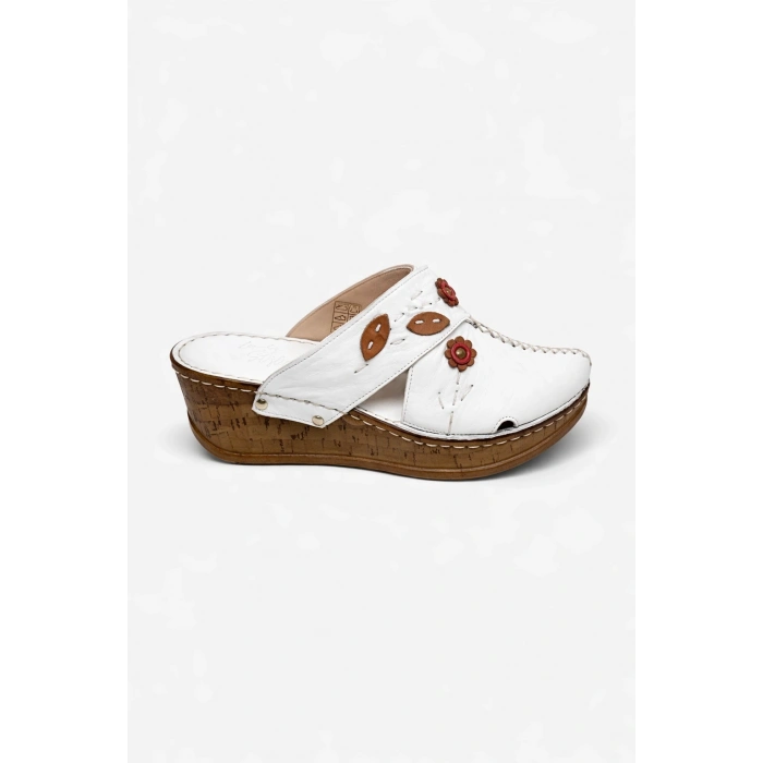 Kadın Hakiki Deri Çiçek Detaylı Bohem Tarz Rahat Mantar Taban Wedge Terlik