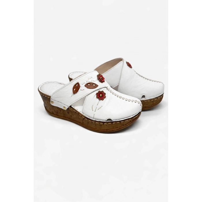 Kadın Hakiki Deri Çiçek Detaylı Bohem Tarz Rahat Mantar Taban Wedge Terlik