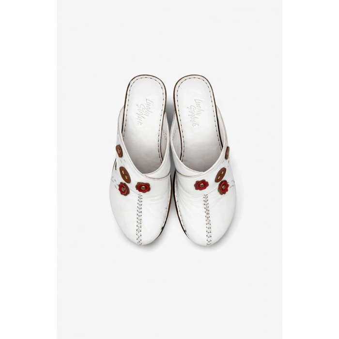 Kadın Hakiki Deri Çiçek Detaylı Bohem Tarz Rahat Mantar Taban Wedge Terlik