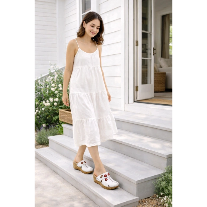 Kadın Hakiki Deri Çiçek Detaylı Bohem Tarz Rahat Mantar Taban Wedge Terlik