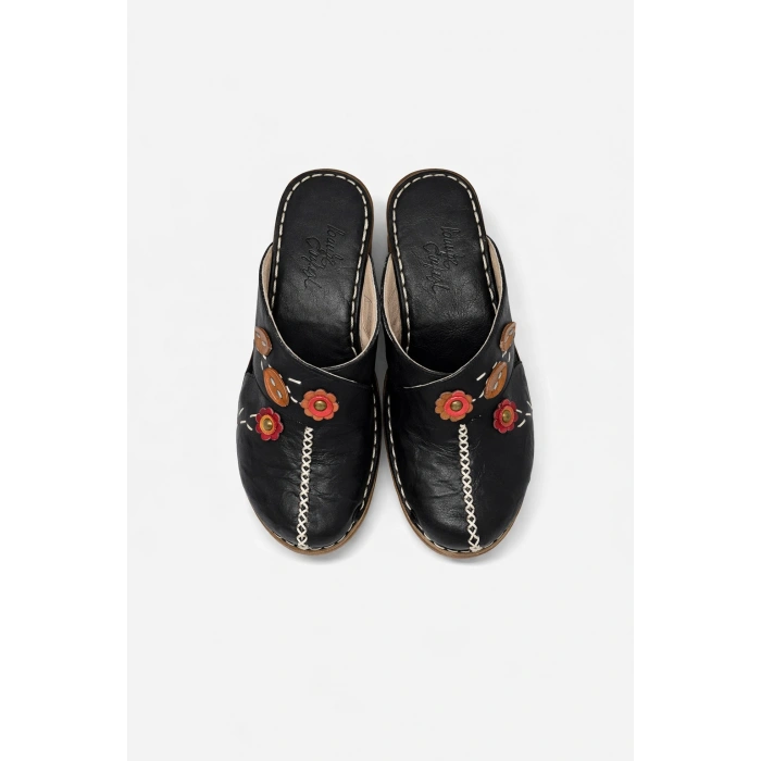 Kadın Hakiki Deri Çiçek Detaylı Bohem Tarz Rahat Mantar Taban Wedge Terlik