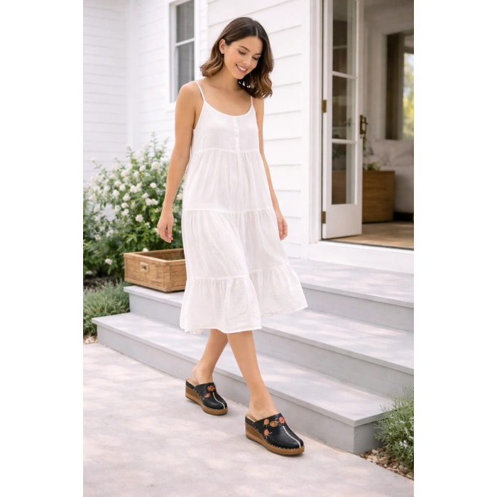 Kadın Hakiki Deri Çiçek Detaylı Bohem Tarz Rahat Mantar Taban Wedge Terlik