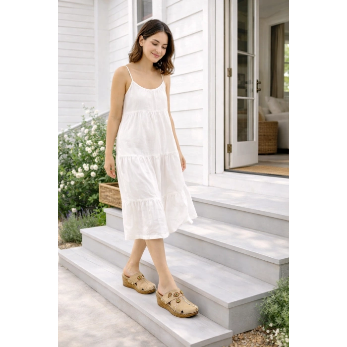 Kadın Hakiki Deri Çiçek Detaylı Bohem Tarz Rahat Mantar Taban Wedge Terlik