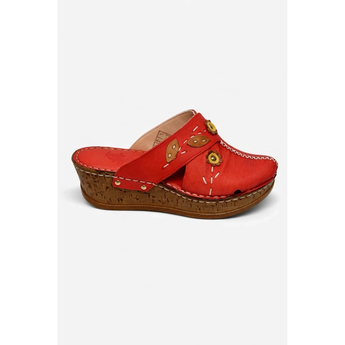 Kadın Hakiki Deri Çiçek Detaylı Bohem Tarz Rahat Mantar Taban Wedge Terlik