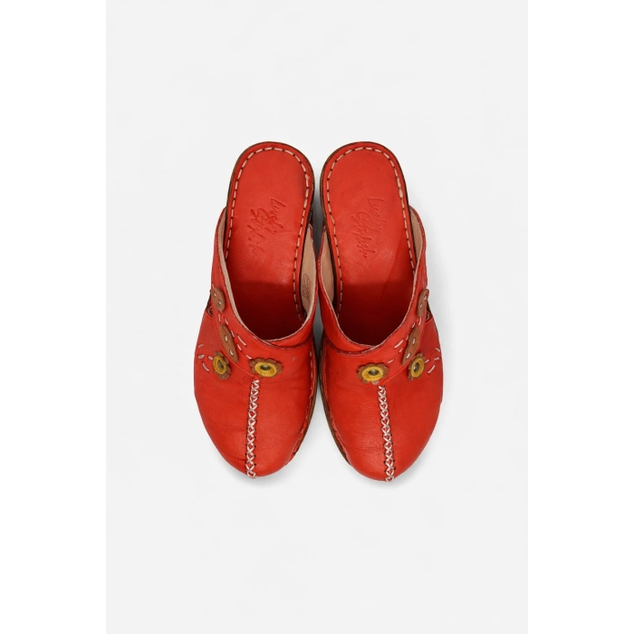 Kadın Hakiki Deri Çiçek Detaylı Bohem Tarz Rahat Mantar Taban Wedge Terlik