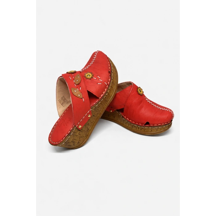 Kadın Hakiki Deri Çiçek Detaylı Bohem Tarz Rahat Mantar Taban Wedge Terlik