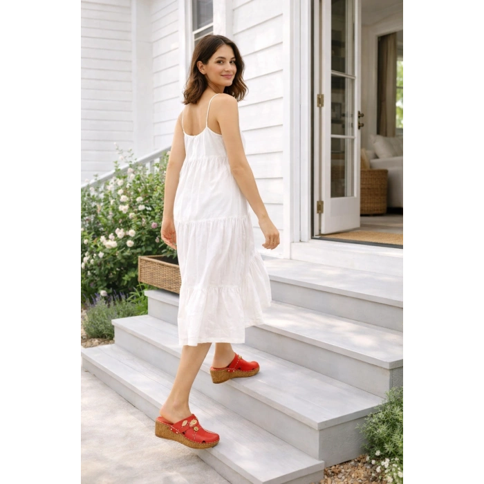 Kadın Hakiki Deri Çiçek Detaylı Bohem Tarz Rahat Mantar Taban Wedge Terlik