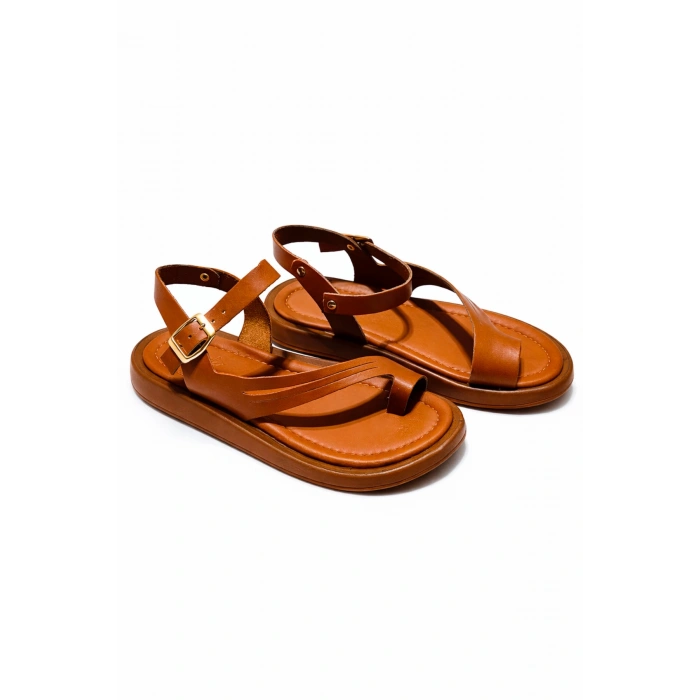 Luna Kadın Taba Hakiki Deri Parmak Arası Düz Günlük Konforlu Sandalet