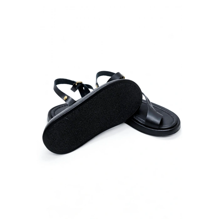 Luna Kadın Siyah Hakiki Deri Parmak Arası Düz Günlük Konforlu Sandalet