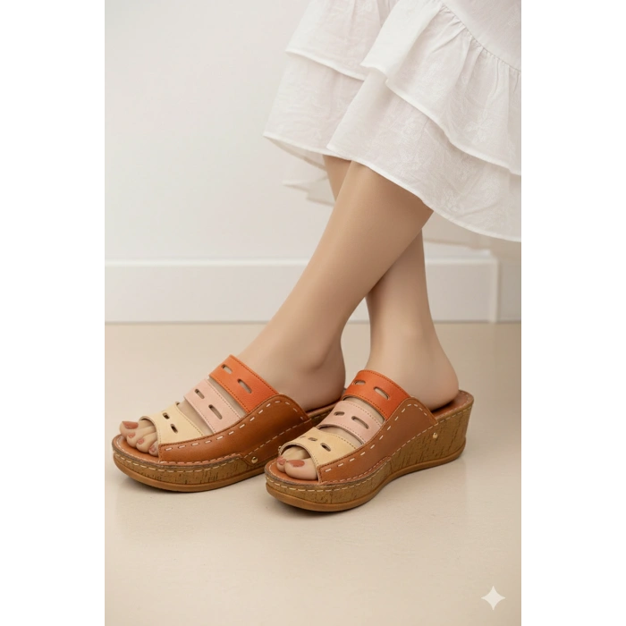 Liora Kadın Hakiki Deri Kahve Lacivert Hardal Renkli Şık Tasarım Konforlu Terlik