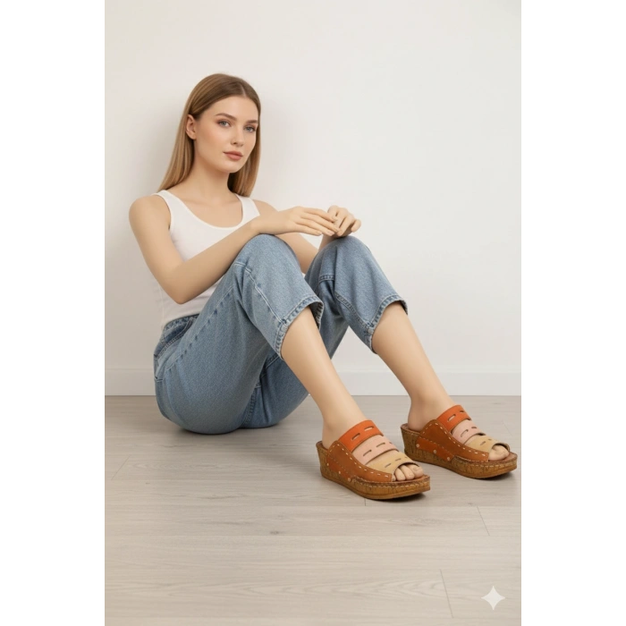 Liora Kadın Hakiki Deri Kahve Lacivert Hardal Renkli Şık Tasarım Konforlu Terlik