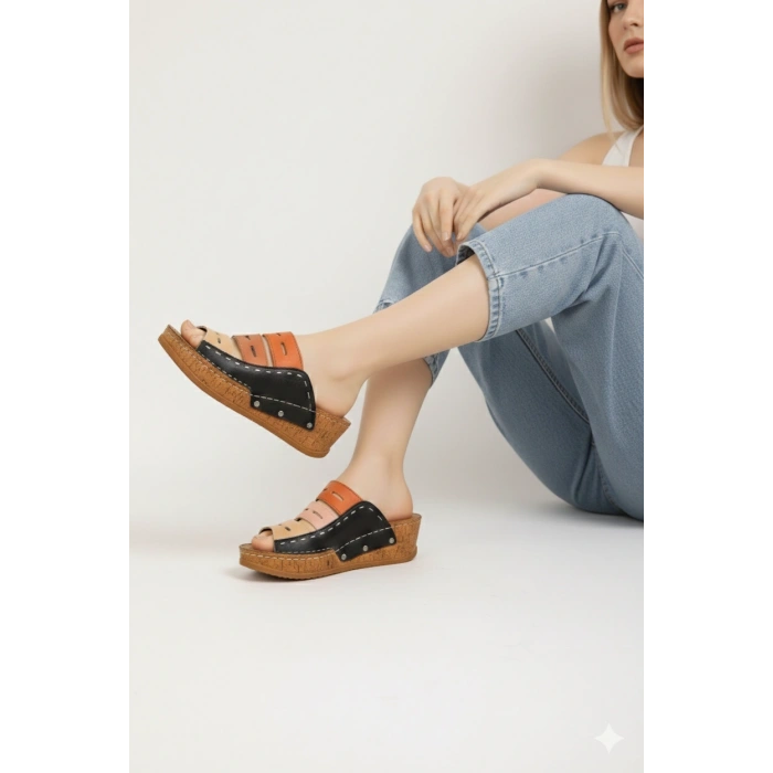 Liora Kadın Hakiki Deri Kahve Lacivert Hardal Renkli Şık Tasarım Konforlu Terlik