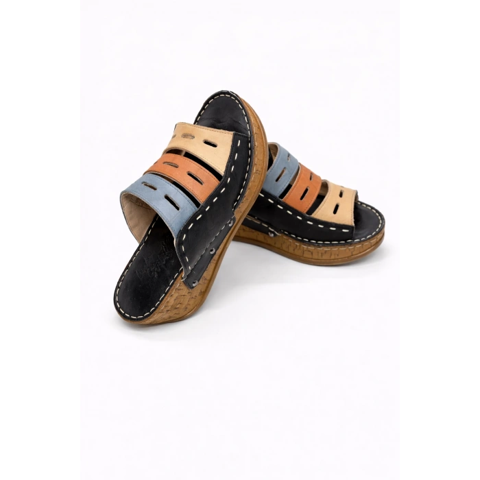 Liora Kadın Hakiki Deri Kahve Lacivert Hardal Renkli Şık Tasarım Konforlu Terlik