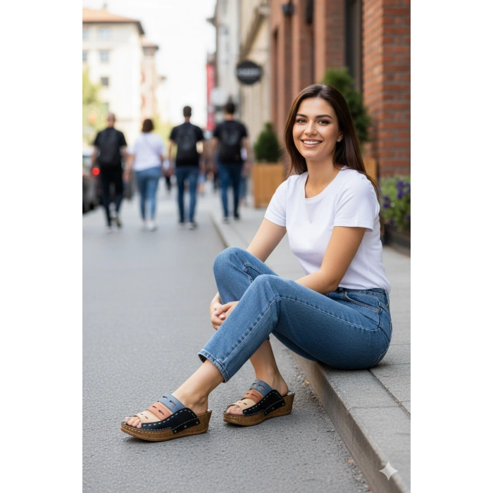 Liora Kadın Hakiki Deri Kahve Lacivert Hardal Renkli Şık Tasarım Konforlu Terlik