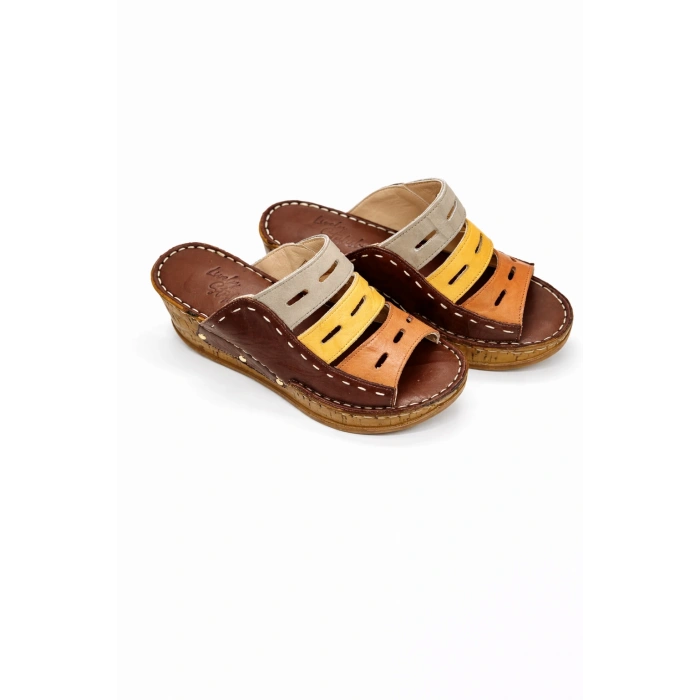 Liora Kadın Hakiki Deri Kahve Lacivert Hardal Renkli Şık Tasarım Konforlu Terlik