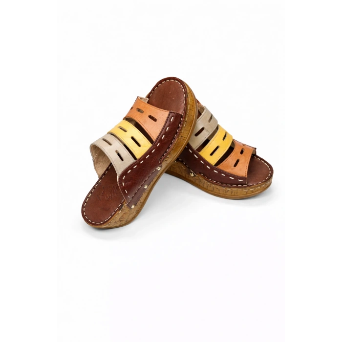 Liora Kadın Hakiki Deri Kahve Lacivert Hardal Renkli Şık Tasarım Konforlu Terlik