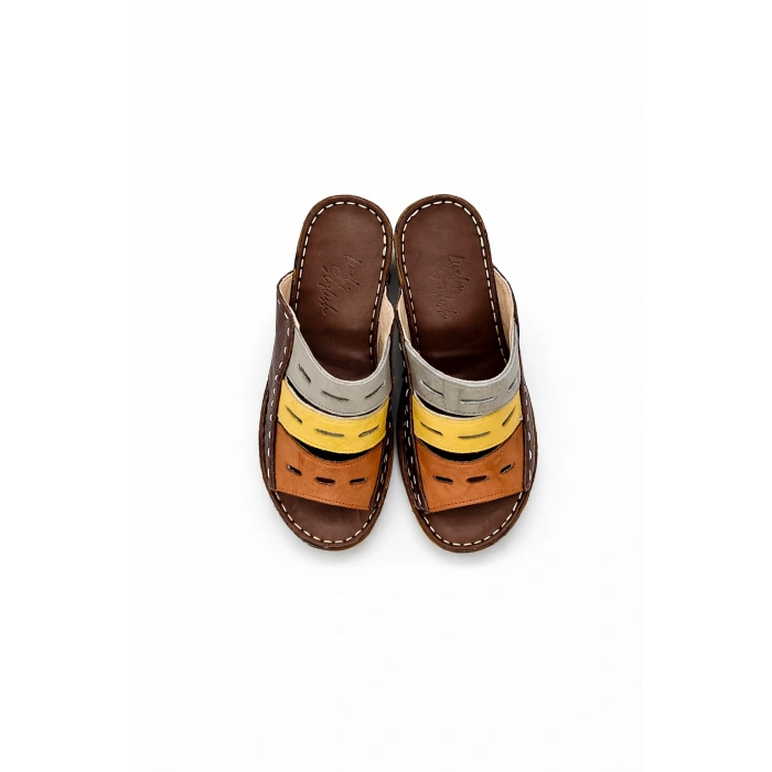 Liora Kadın Hakiki Deri Kahve Lacivert Hardal Renkli Şık Tasarım Konforlu Terlik