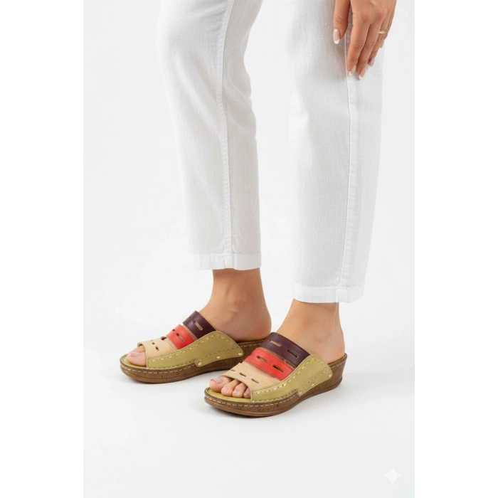 Liora Kadın Hakiki Deri Kahve Lacivert Hardal Renkli Şık Tasarım Konforlu Terlik