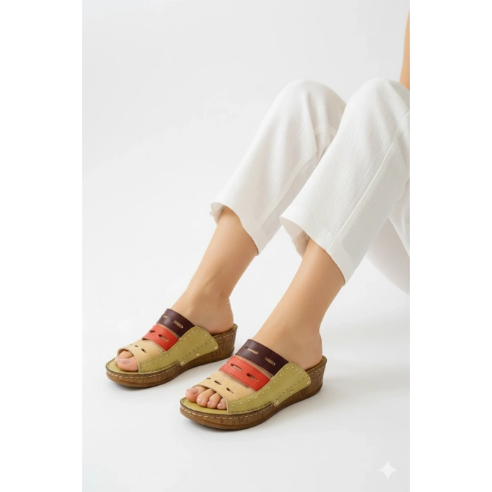 Liora Kadın Hakiki Deri Kahve Lacivert Hardal Renkli Şık Tasarım Konforlu Terlik