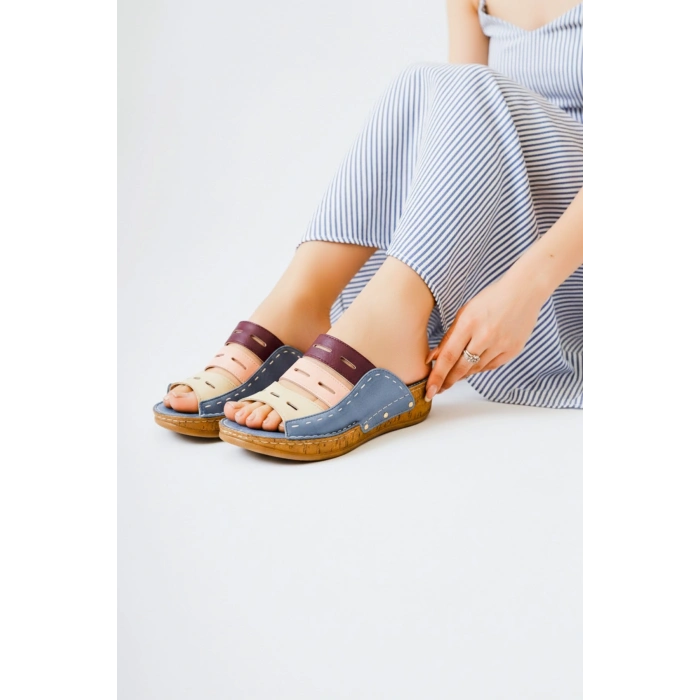 Liora Kadın Hakiki Deri Kahve Lacivert Hardal Renkli Şık Tasarım Konforlu Terlik