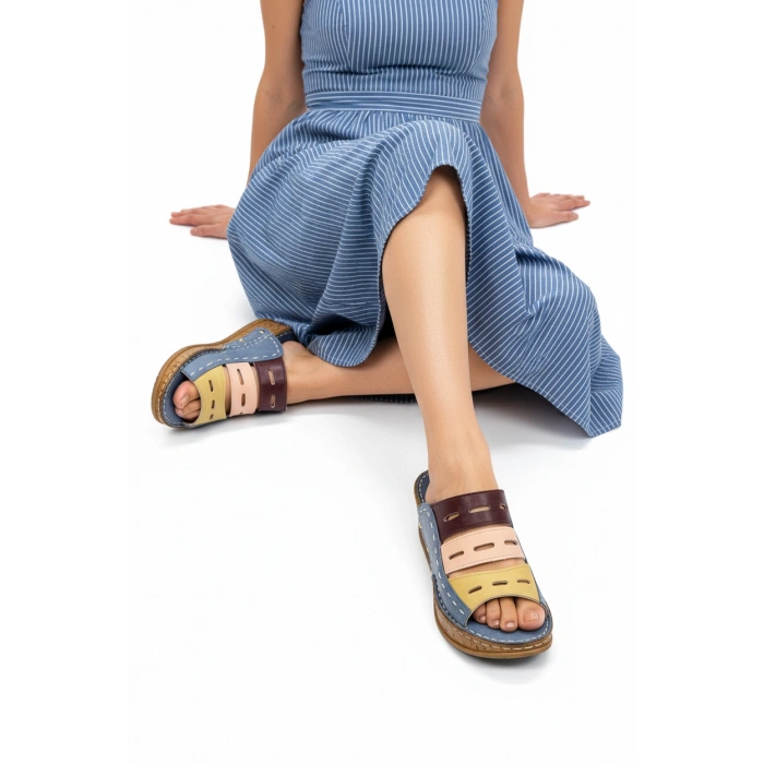 Liora Kadın Hakiki Deri Kahve Lacivert Hardal Renkli Şık Tasarım Konforlu Terlik