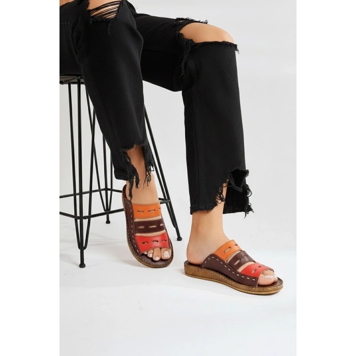 Lucia Kadın Hakiki Deri Kahve Lacivert Taba Siyah Kırmızı Renkli Şık Tasarım Konforlu Terlik