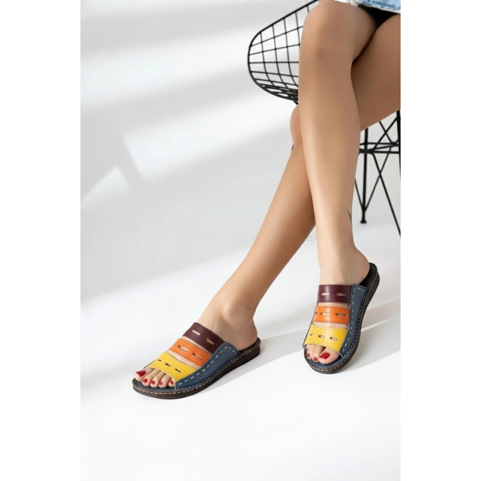 Lucia Kadın Hakiki Deri Kahve Lacivert Taba Siyah Kırmızı Renkli Şık Tasarım Konforlu Terlik