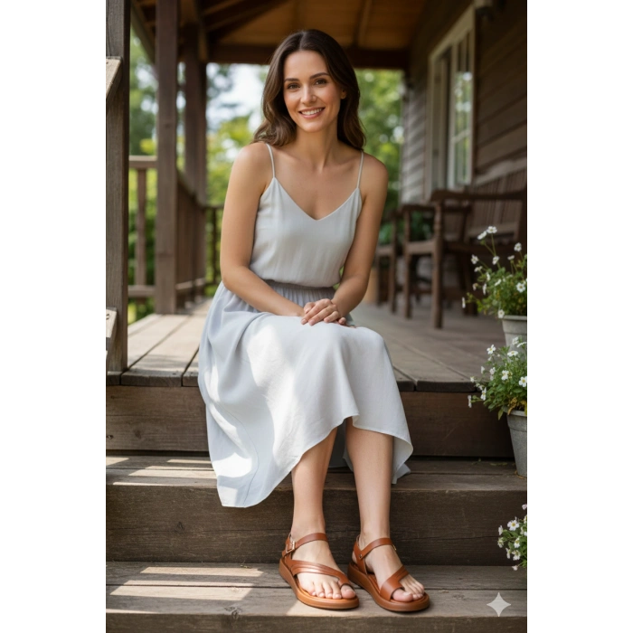 Luna Kadın Taba Hakiki Deri Parmak Arası Düz Günlük Konforlu Sandalet