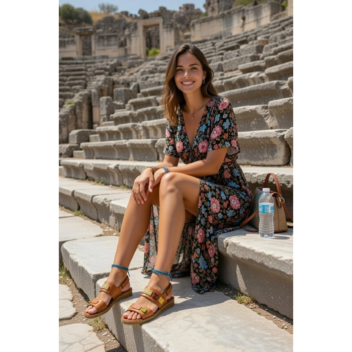 Crina Kadın Hakiki Deri Renkli Şık Tasarım Konforlu Ayarlanabilir Bantlı Sandalet