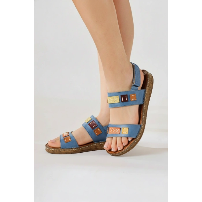 Crina Kadın Hakiki Deri Renkli Şık Tasarım Konforlu Ayarlanabilir Bantlı Sandalet