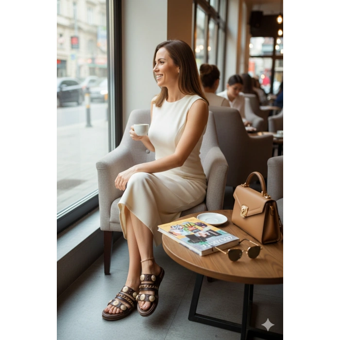 Leoni Kadın Taba Aksesuar Detaylı Rahat Kaymaz Taban Şık Terlik