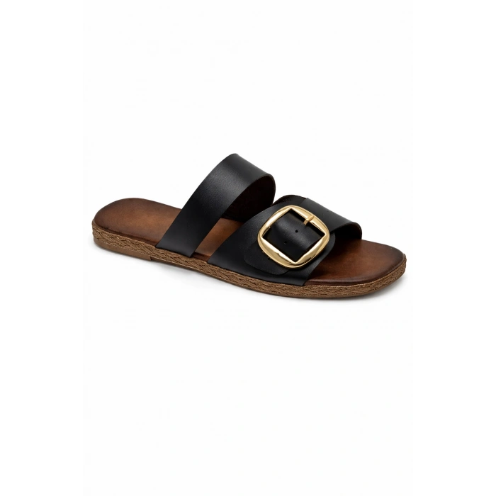 Leda Kadın Siyah Toka Detaylı Rahat Kaymaz Taban Şık Küt Burun Terlik