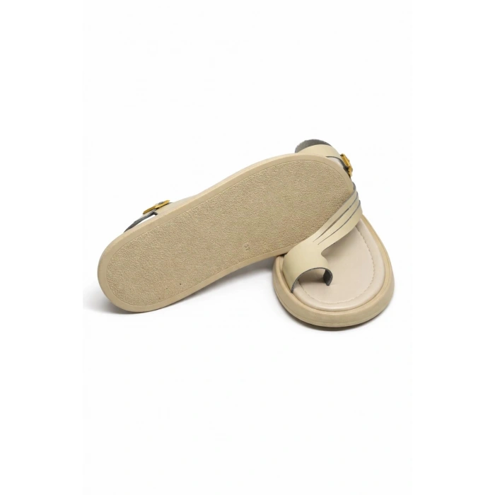 Luna Kadın Krem Hakiki Deri Parmak Arası Düz Günlük Konforlu Sandalet