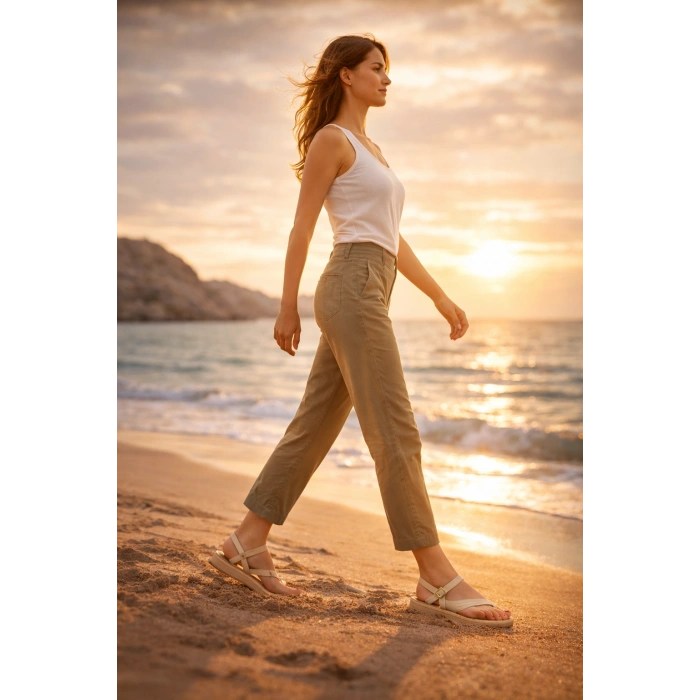 Luna Kadın Krem Hakiki Deri Parmak Arası Düz Günlük Konforlu Sandalet