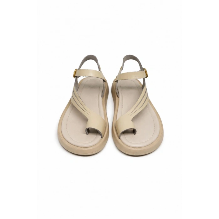 Luna Kadın Krem Hakiki Deri Parmak Arası Düz Günlük Konforlu Sandalet