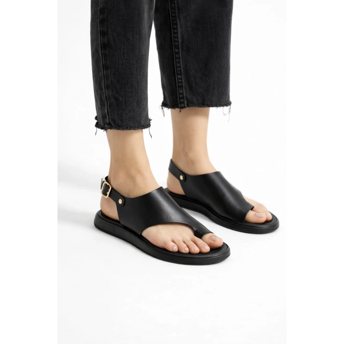 Larina Kadın Hakiki Deri Parmak Arası Düz Günlük Konforlu Sandalet