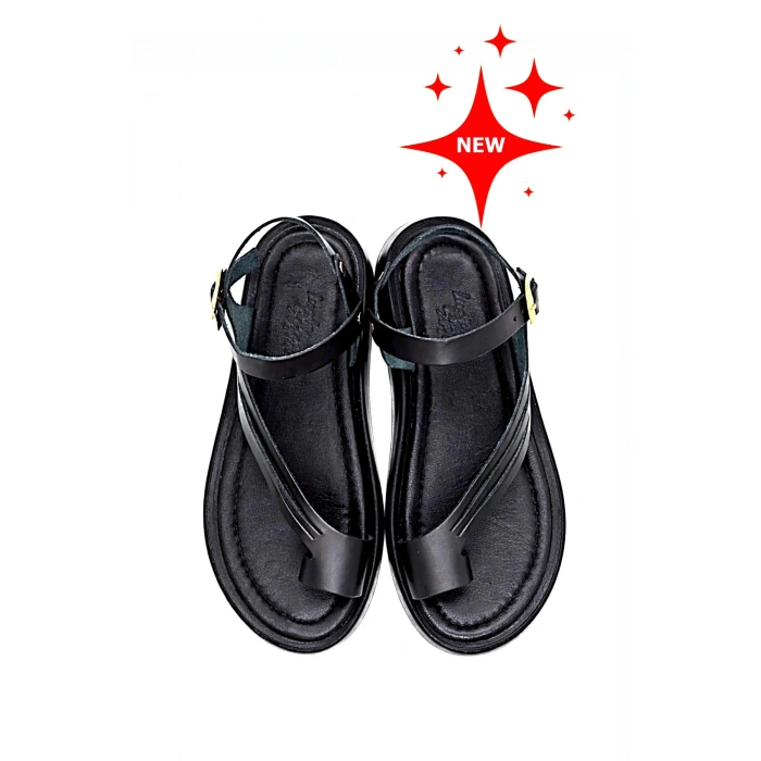 Luna Kadın Siyah Hakiki Deri Parmak Arası Düz Günlük Konforlu Sandalet