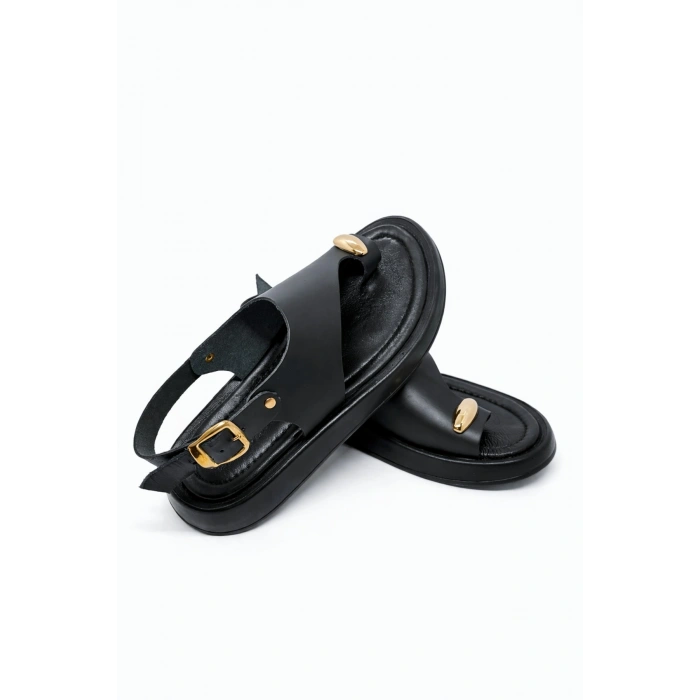 Larina Kadın Hakiki Deri Parmak Arası Gold Toka Detaylı Konforlu Günlük Sandalet