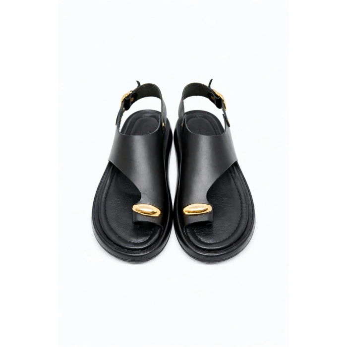 Larina Kadın Hakiki Deri Parmak Arası Gold Toka Detaylı Konforlu Günlük Sandalet