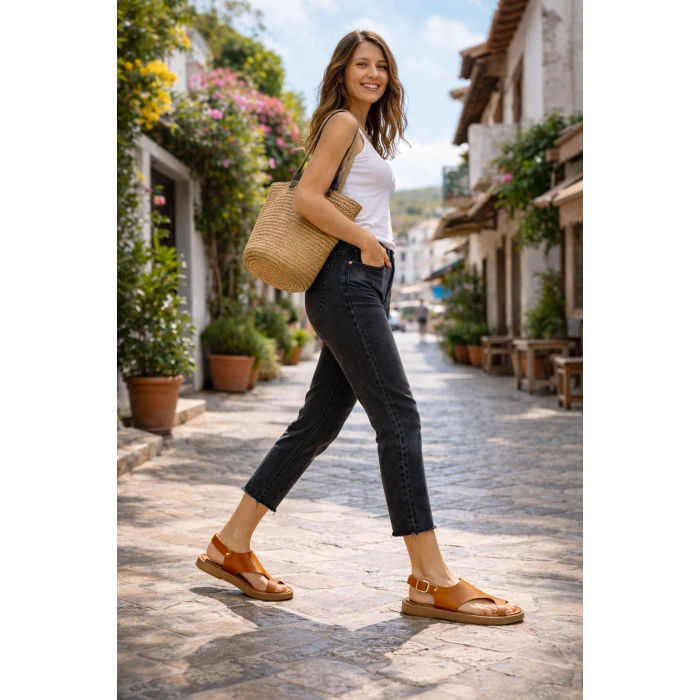 Larina Kadın Hakiki Deri Parmak Arası Düz Günlük Konforlu Sandalet