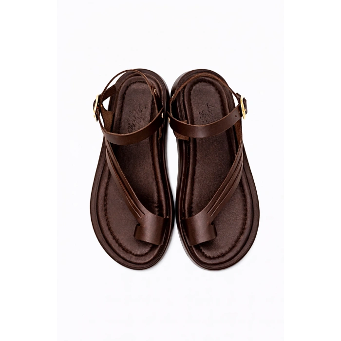 Luna Kadın Acı Kahve Hakiki Deri Parmak Arası Düz Günlük Konforlu Sandalet