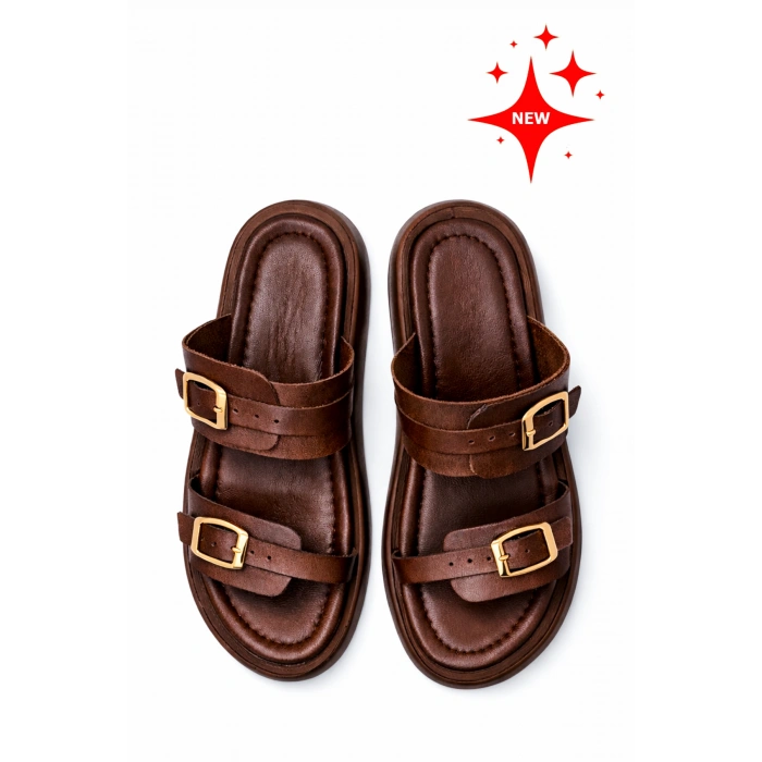 Andi Kadın Hakiki Deri Ayarlanabilir Bantlı Düz Günlük Konforlu Terlik