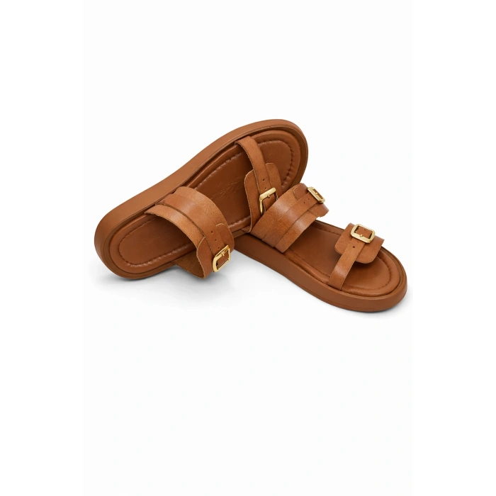 Andi Kadın Hakiki Deri Ayarlanabilir Bantlı Düz Günlük Konforlu Terlik